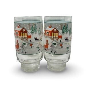 SET of FOUR Sango Vintage Silent Night 16 oz Glass Tumblers Christmas Holidays‎